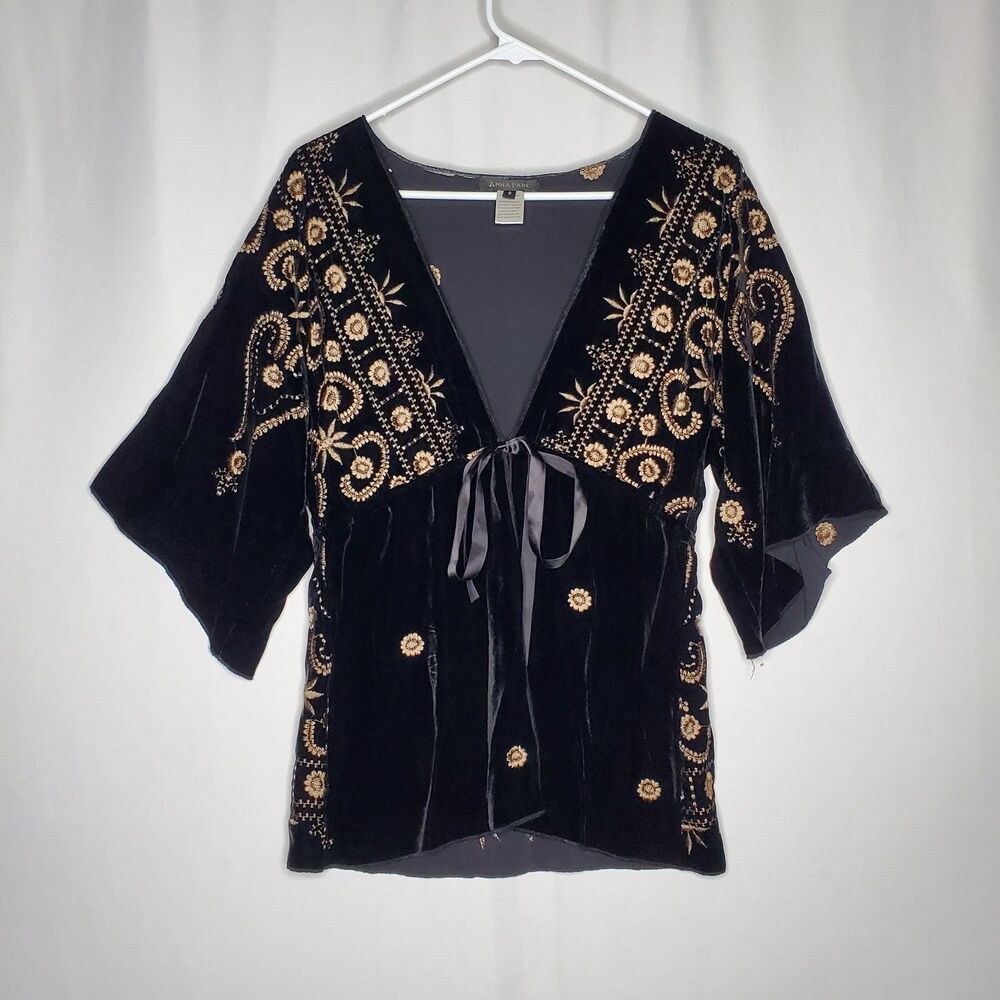 Anna Paul Designer Velvet Silk‎ Embroidered Kimono Top Women Small Romantic Y2K